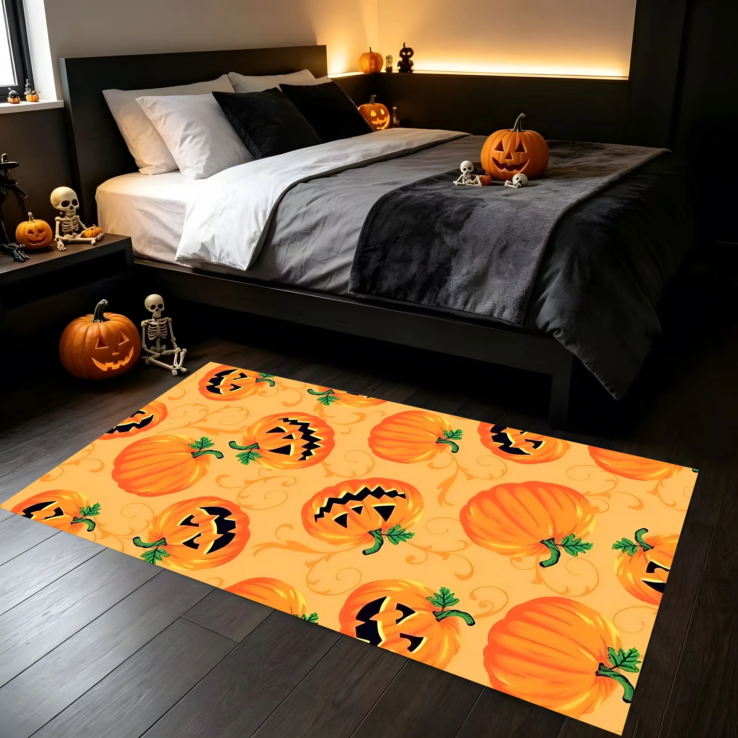 Velvet Halloween Pumpkin Lamp Fun 2D Rug for Living Room and Bedroom, Autumn/Winter Warm Soft