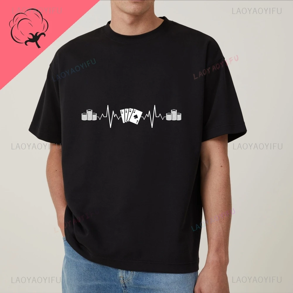 تي شيرت Heartbeat Poker، Lucky Poker المطبوع - نمط قميص عصري بأكمام قصيرة للجنسين - تي شيرت قطني كبير الحجم #1