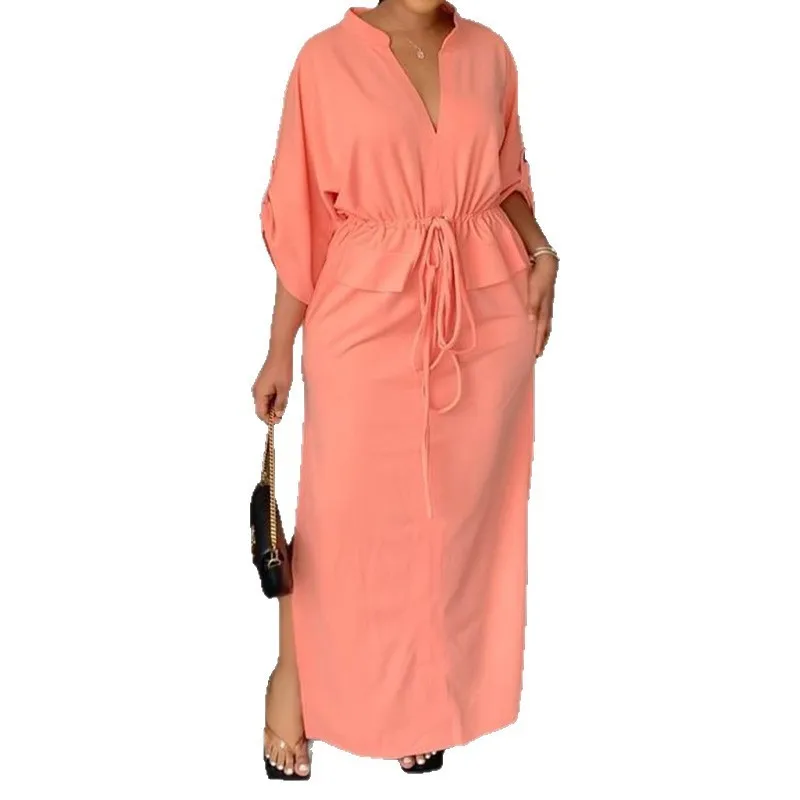 V Neck Casual Dress Long Skirt Elegant and Refined with No Built in Bra Pad Wrinkle Finish Slim Fit Women Casual Dresses