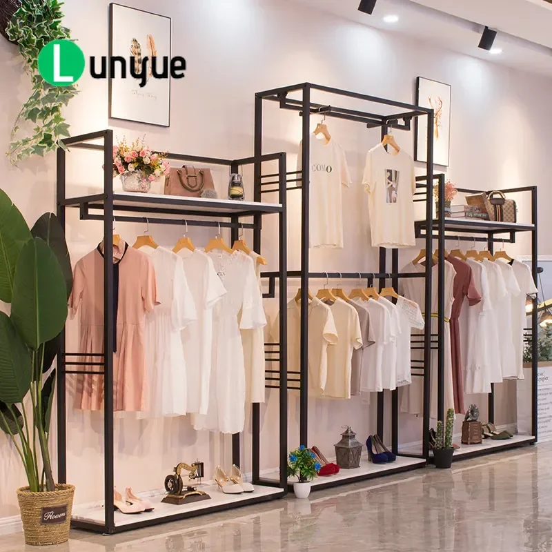 Double Layer Wrought Iron Solid Wood Clothing Rack Floor to Ceiling Garment Display Shelf for Men Women Fashion Store Hangers