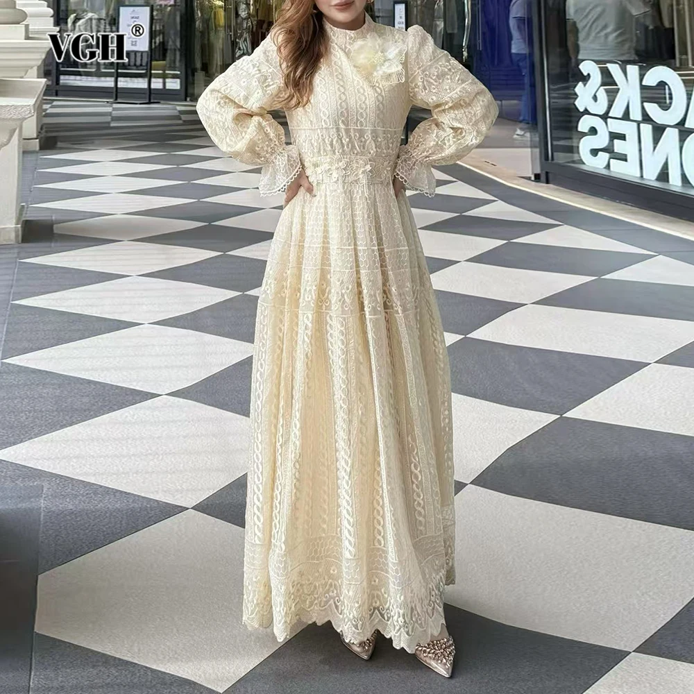 

VGH Solid Patchwork Appliques Dresses for Women Stand Collar Lantern Sleeve High Waist Spliced Lace Elegant Long Dress Female