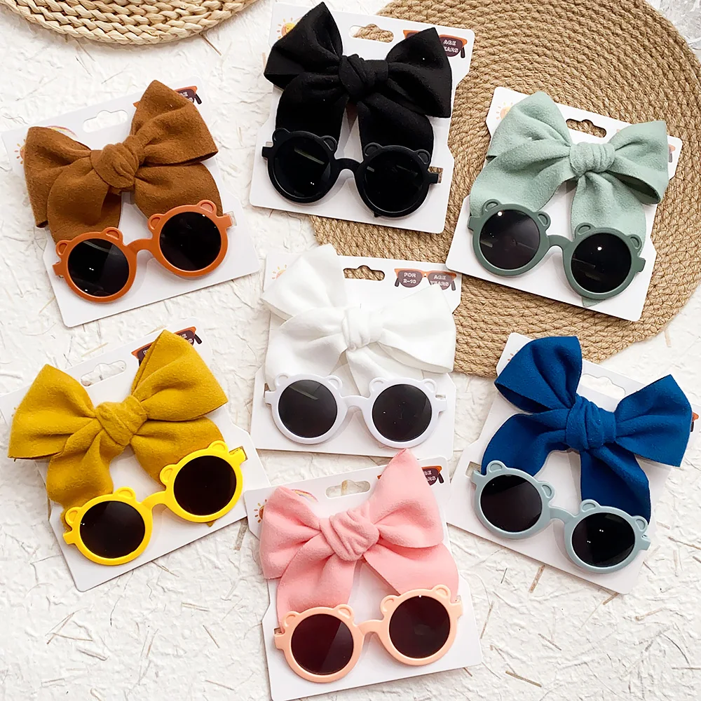 2pcs/Set Girl Cute Cartoon Sunglasses with Large Nylon Hairpin Beach Seaside Sun Glasses Baby Hair Clip Kids Headwear Gift