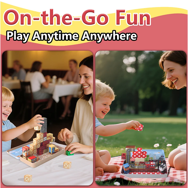 35個入り 道路テーマ マグネット式 積み木 マグネットキューブ ポータブル鉄製ボックス付き STEM感覚玩具 旅行用おもちゃ 子供向け クリスマスプレゼント