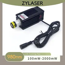 Módulo infravermelho focusável do diodo laser do poder superior com fã de refrigeração, linha, linha transversal, ponto, 980nm, 100mW, 2W, suporte livre