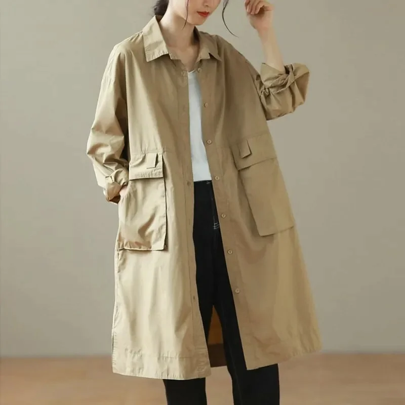 Thin Trench Coat Female 2025 Spring Autumn New Plus Size Elegant Temperament Mid-Long Windbreaker Women's Cotton Jacket Outwear