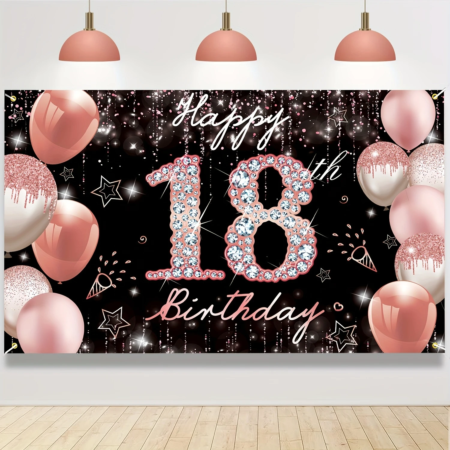 Alles Gute zum 18. Geburtstag Roségold funkelnden Hintergrund Geburtstags feier Dekoration schwarz Roségold funkelnden Ballon Party liefert Banner