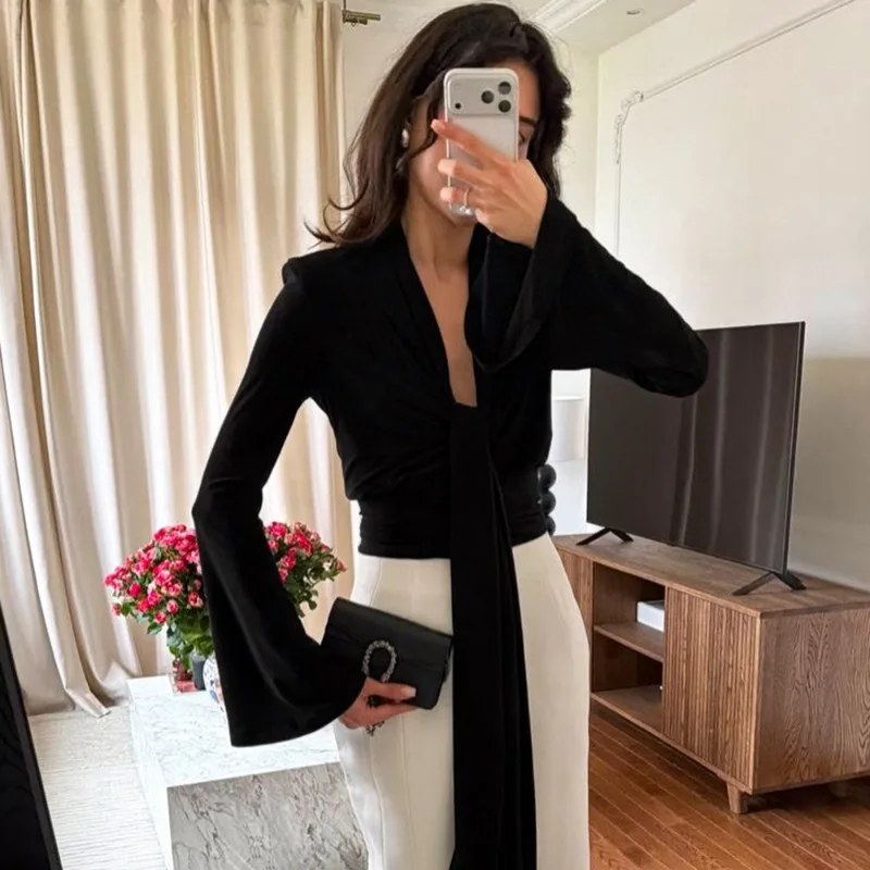 Talenza Fashion Women's Tops New Pleated Bell Sleeves Lace-Up V-Neck Shirt Elegant Casual Commuting High Street Female T-Shirts