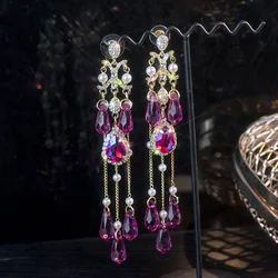 Korea Palace Style Flowers Crystal Tassel Drop Earrings for Women Baroque Vintage Holiday Jewelry Gifts Girls
