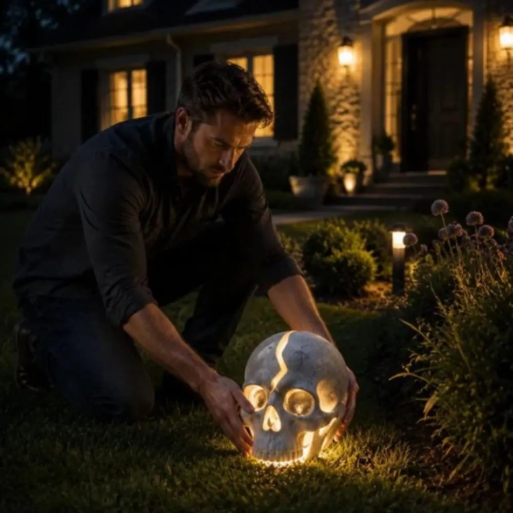 Waterproof Solar Garden Lamp Realistic Skull Shape Fine Texture Details Cracked Skull Light Solid Resin Sturdy Structure