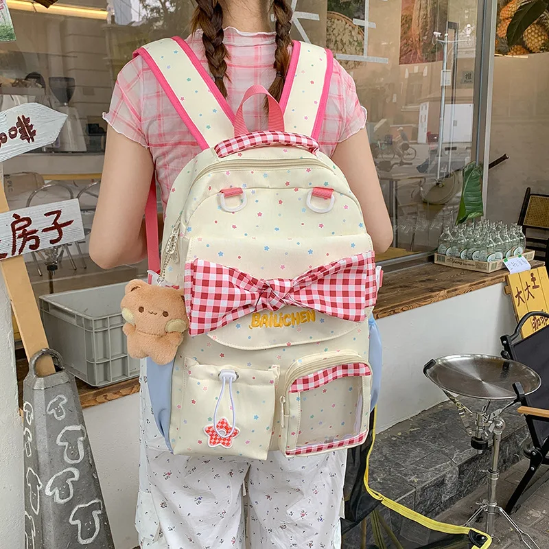 Cute Teen Girl Bow Tie Nylon Backpack Korean Style Checker Letter Print Backpack Large Capacity Travel Backpack School Bag
