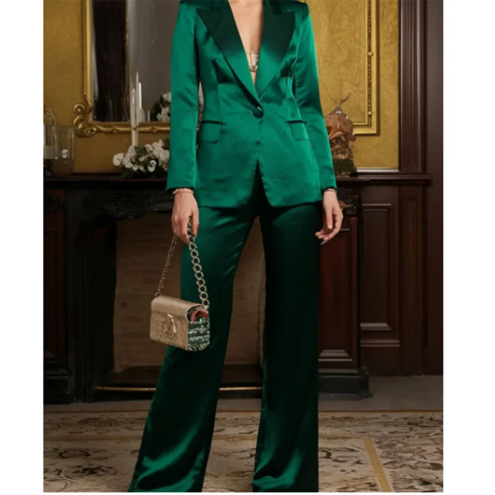 Fashion Vintage Green Silk Women Suit Single Breasted 2 Piece Jacket Pants Blazer Set Fashion Chic Office Lady Female Clothing