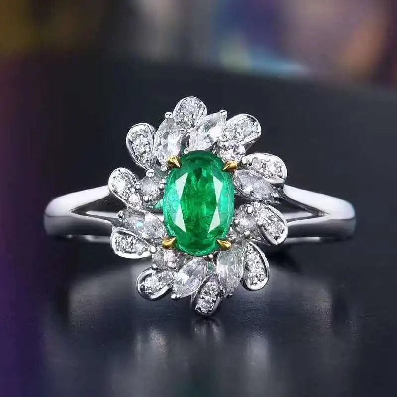 SGARIT Fine Jewelry Emerald Wedding Ring 18K White Gold 0.42CT Oval Shape Natural Vivid Green Emerald Gemstone Ring For Women