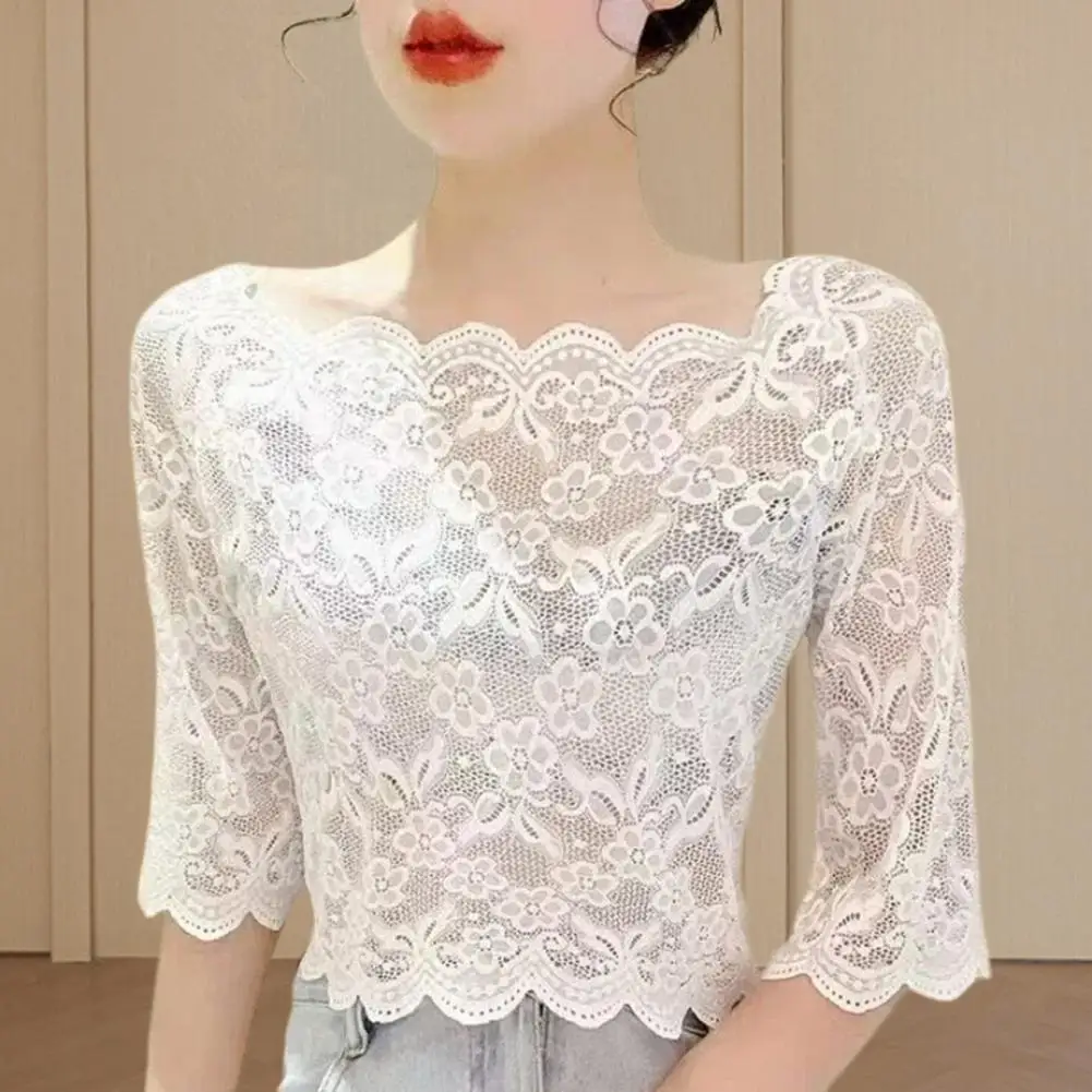 Women Summer Cropped Tops Half Sleeve Blouse See-through Embroidery Summer Floral Lace Blouse Black White Long Sleeve Top