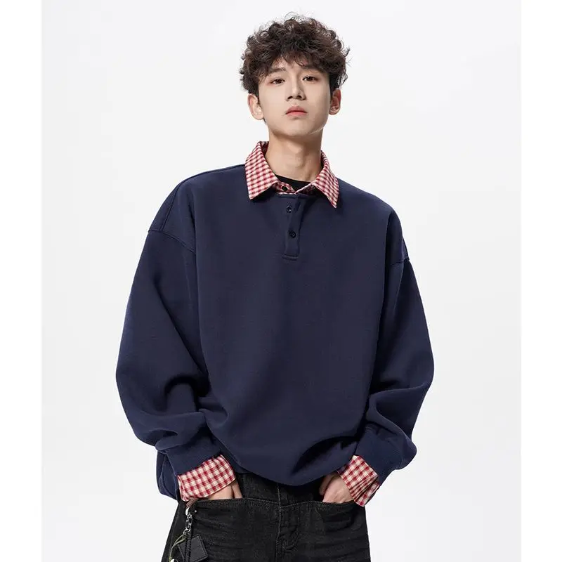 

Juspinice American Retro Shirt Polo Collar Sweatshirt Men's Turn-down Collar Spring Loose Fake Two-piece Casual Long Sleeve Tops