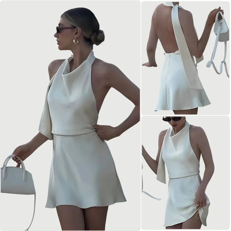 Women White Satin Elegant Sexy Backless Scarf Ribbon Neck Lace-up A-line Luxury Evening Dress