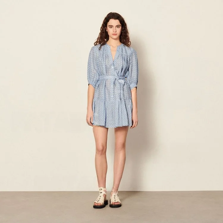 春夏新作 レディース Vネック プリント ウエストシェイプ フレア ハイウエスト バブルスリーブ 抽象柄 通勤 スタイル