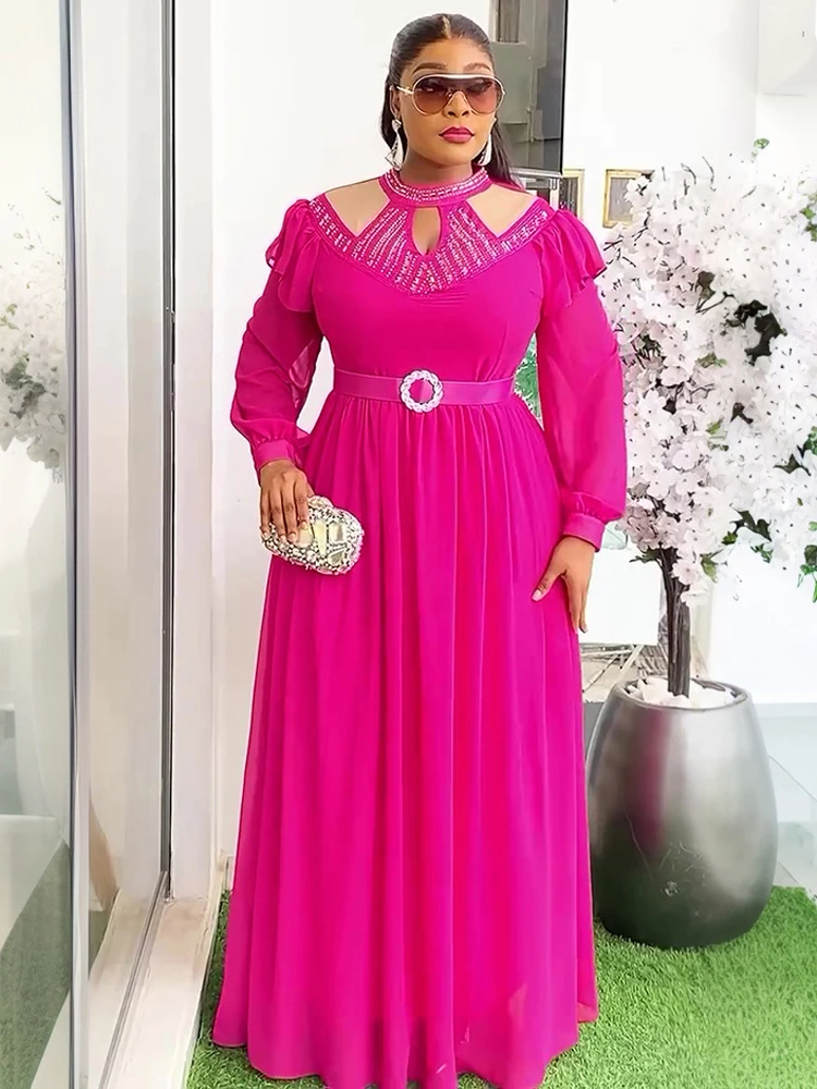 Long Sleeve Chiffon Dresses For Women Elegant Wedding Party Prom Evening Maxi Dress 2025 Autumn African Clothing Dubai Kaftans