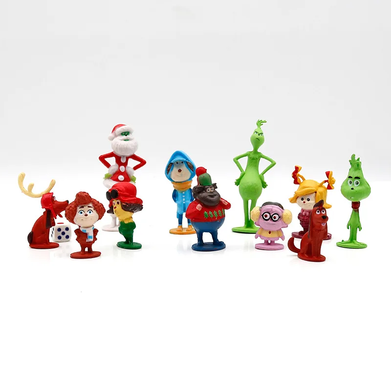 12PCS Cute  Christmas Cartoon Monster Mini Action Doll Green Haired Monster Toy Model Cake Decoration Ornament Toy Gift