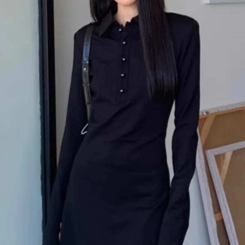 Koreanischen Stil Kleider für Frauen Langarm Chic Frühling Herbst Langarm Schwarz Umlegekragen Allgleiches Minimalistische Mode