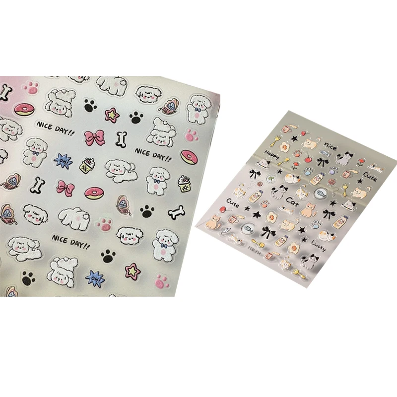 5D Embossed Cute Cartoon Cat Paw Fish Design Nail Art Sticker Decals Self Adhesive Supplies For Women And Girls