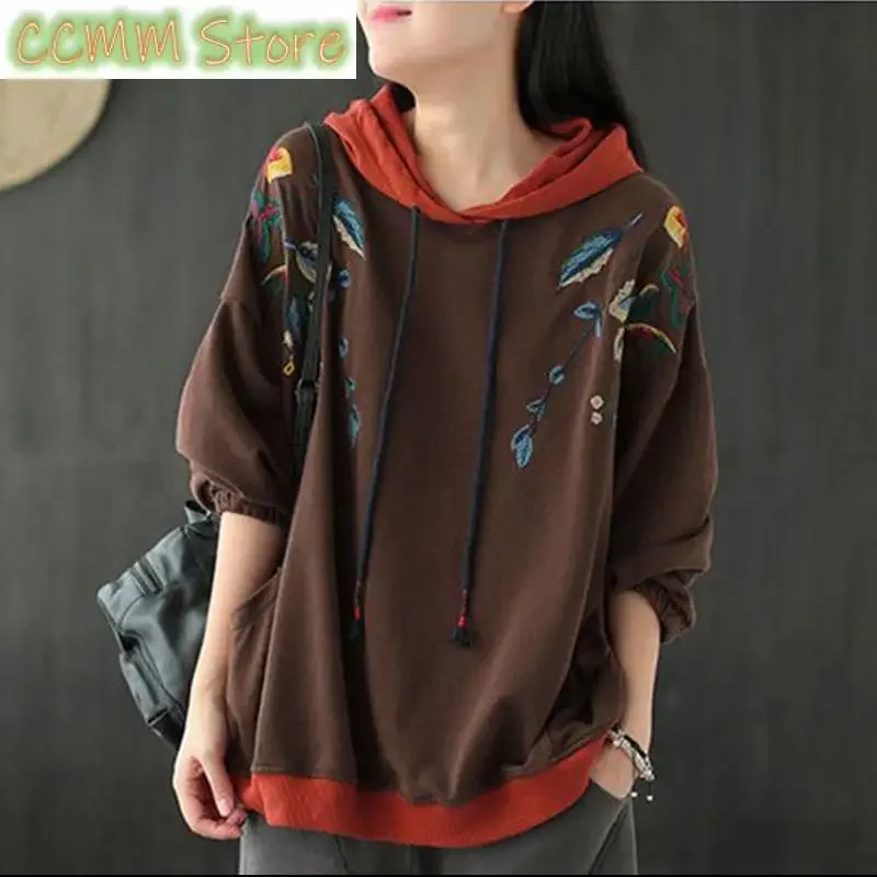 Fashion Hooded Pockets Folds Embroidery Hoodies Female Clothing Autumn New Casual Tops Loose Commute Sweatshirts