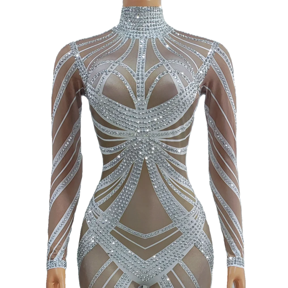 Sparkly Silver Rhinestones Stretch Jumpsuit for Women Sexy Dance Costume Nightclub Performance Stage Wear Party Birthday Rompers