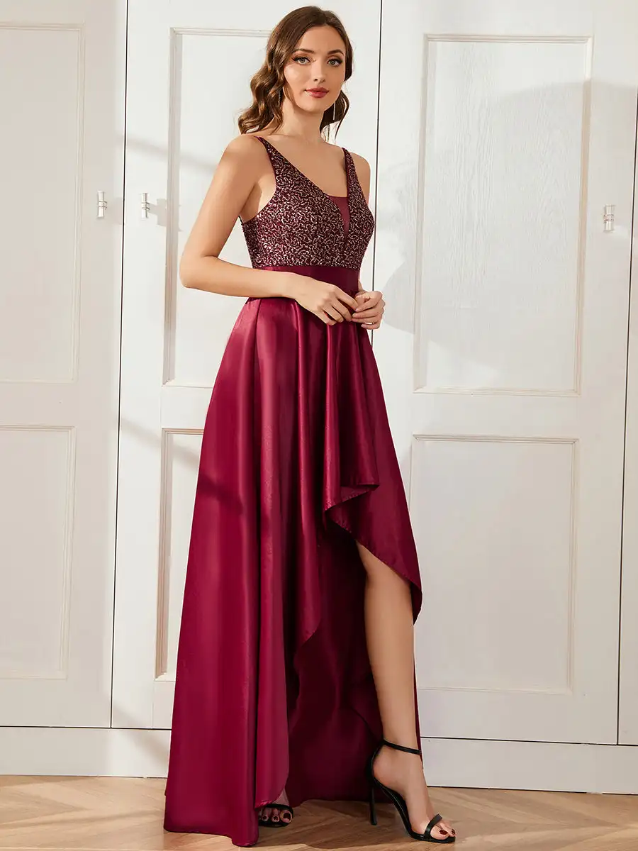 Elegant Evening Dresses V-neck Backless Sparkly Beads gown 2024 Ever Pretty of Sexy Asymmetric Burgundy Prom Dress Womes