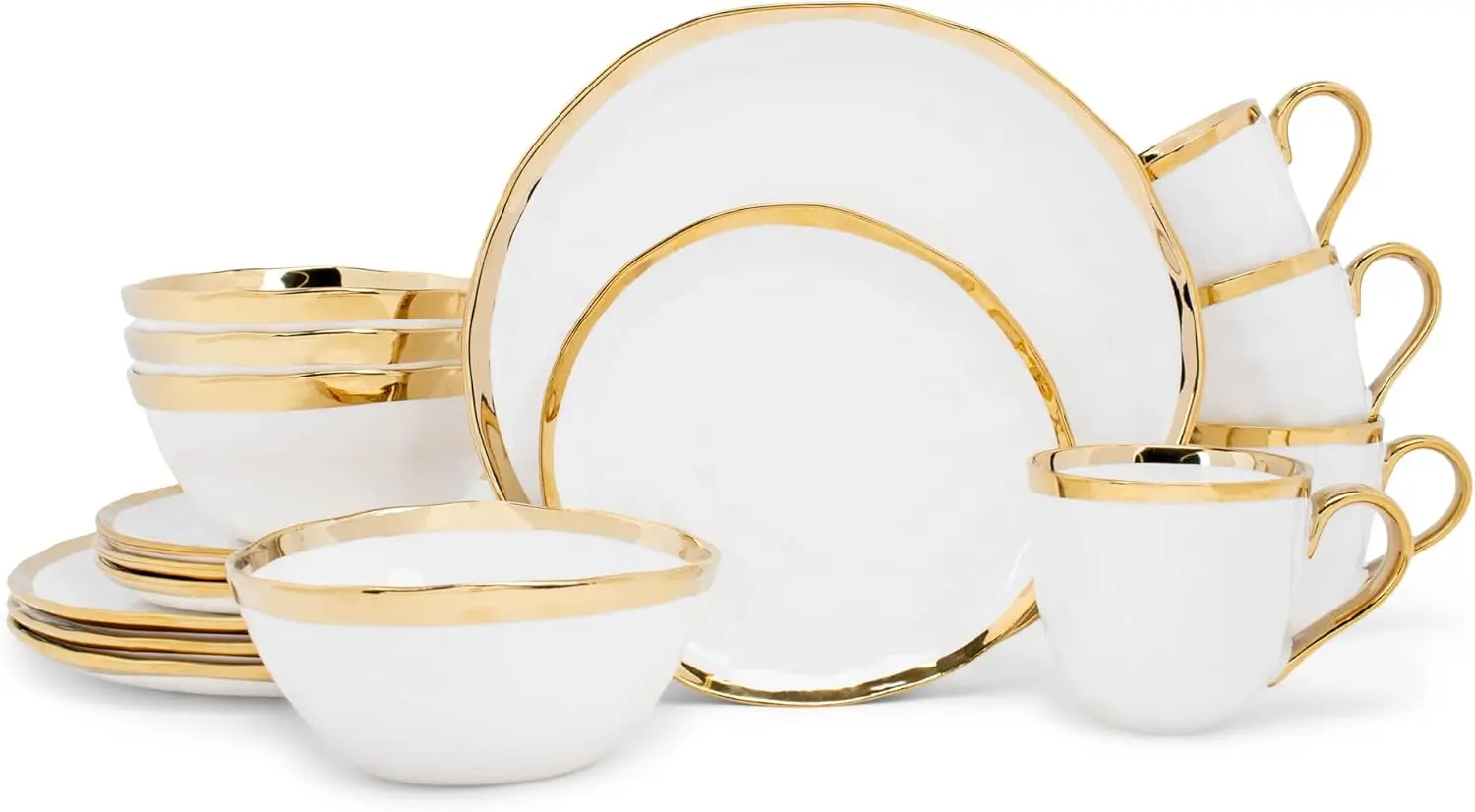 

Designs 16-Piece Metallic Bubble Porcelain Ceramic Plates Bowls Mugs Dinnerware Set - Service for 4, White With Gold Acce