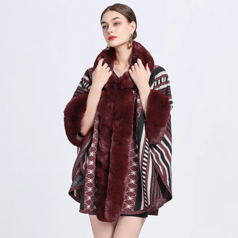 

Autumn Winter Fashionable Upscale Imitation Otter Rabbit Fur Cardigan Women Jacquard Weave Poncho Lady Capes Red Cloaks