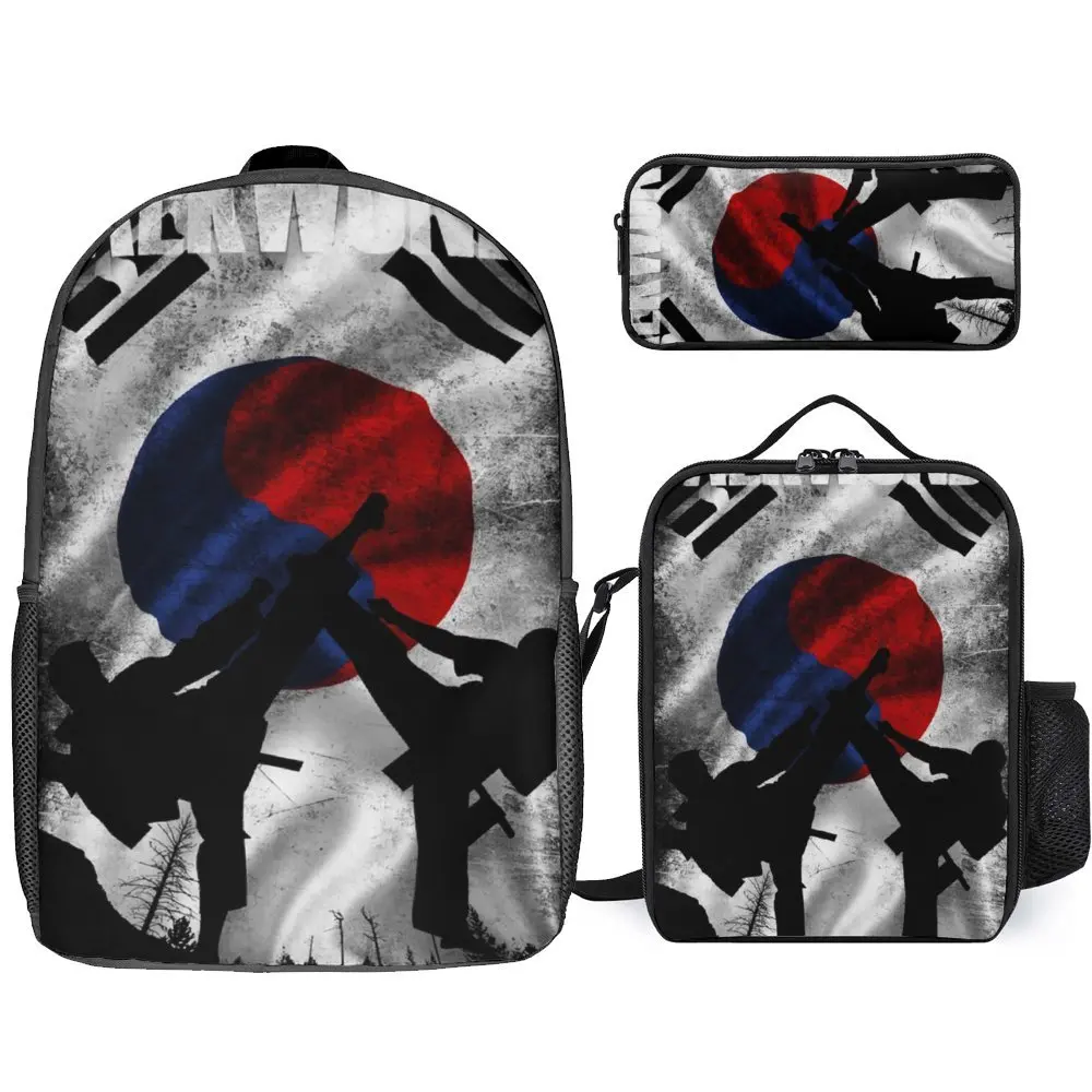 Taekwondo Mountain Fighter White Vintage 2 Korea Secure Cosy Field Pack 3 in 1 Set 17 Inch Backpack Lunch Bag Pen Bag Schools Fu