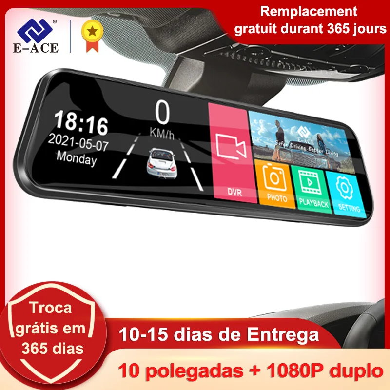 E-ACE 10 Polegada carro dvr espelho gravador de vídeo 1080p tela toque dashcam para carro lente dupla streaming gravador condução traço câmera