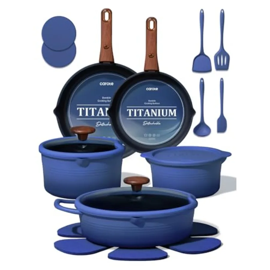 Camping cookware set: titanium pots and pans, blue non-stick, non-toxic, induction-compatible, detachable handle, dishwasher/ov