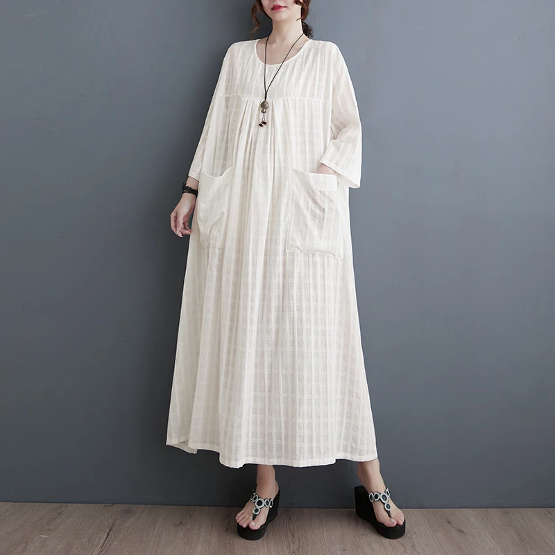 High-end dames zomerlinnen Dr artistiek groot formaat losse jurk met zeven mouwen en k-patroon ontwerp comfortabele a-lijn...