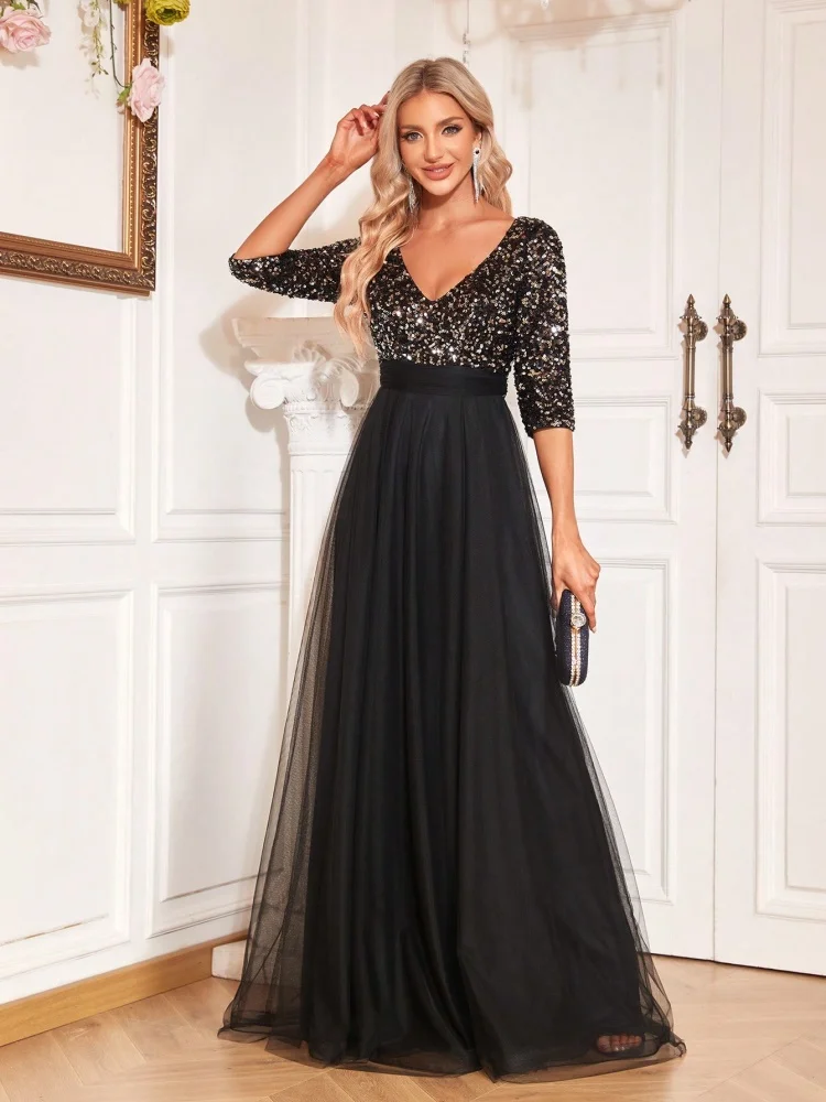 Luxury Black Floor Length V-Neck Tulle Splicing Evening Dress Women Elegant Party Maxi Sequins Short Sleeves Cocktail Gowns view 4