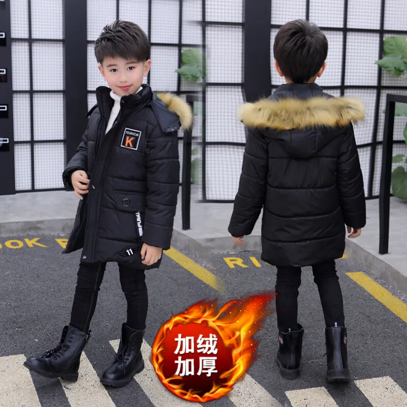 4 6 8 10 12 14 Years Big Boys Jacket Autumn Winter Plus Velvet Warm Teen Kids Jackets Fashion Mid-Length Zipper Hooded Boys Coat