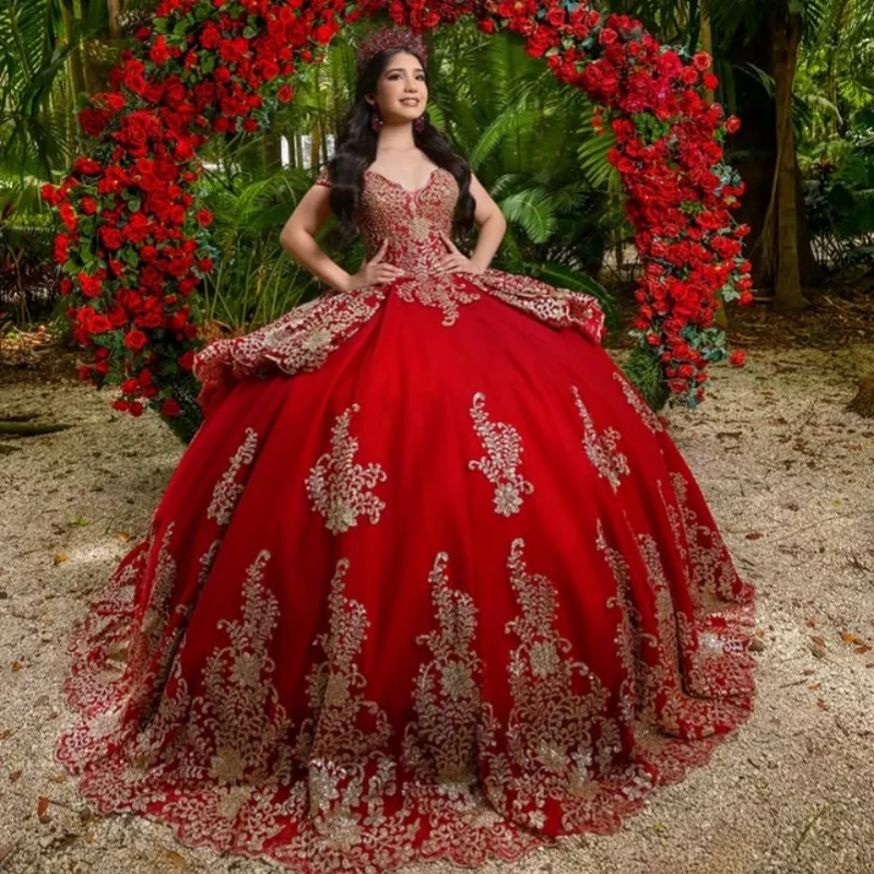 

Red Quinceanera Dress off-shoulder Beadwork golden Glitter Decal Long tail layering Vestidos De 15 Quinceanera ﻿Customize