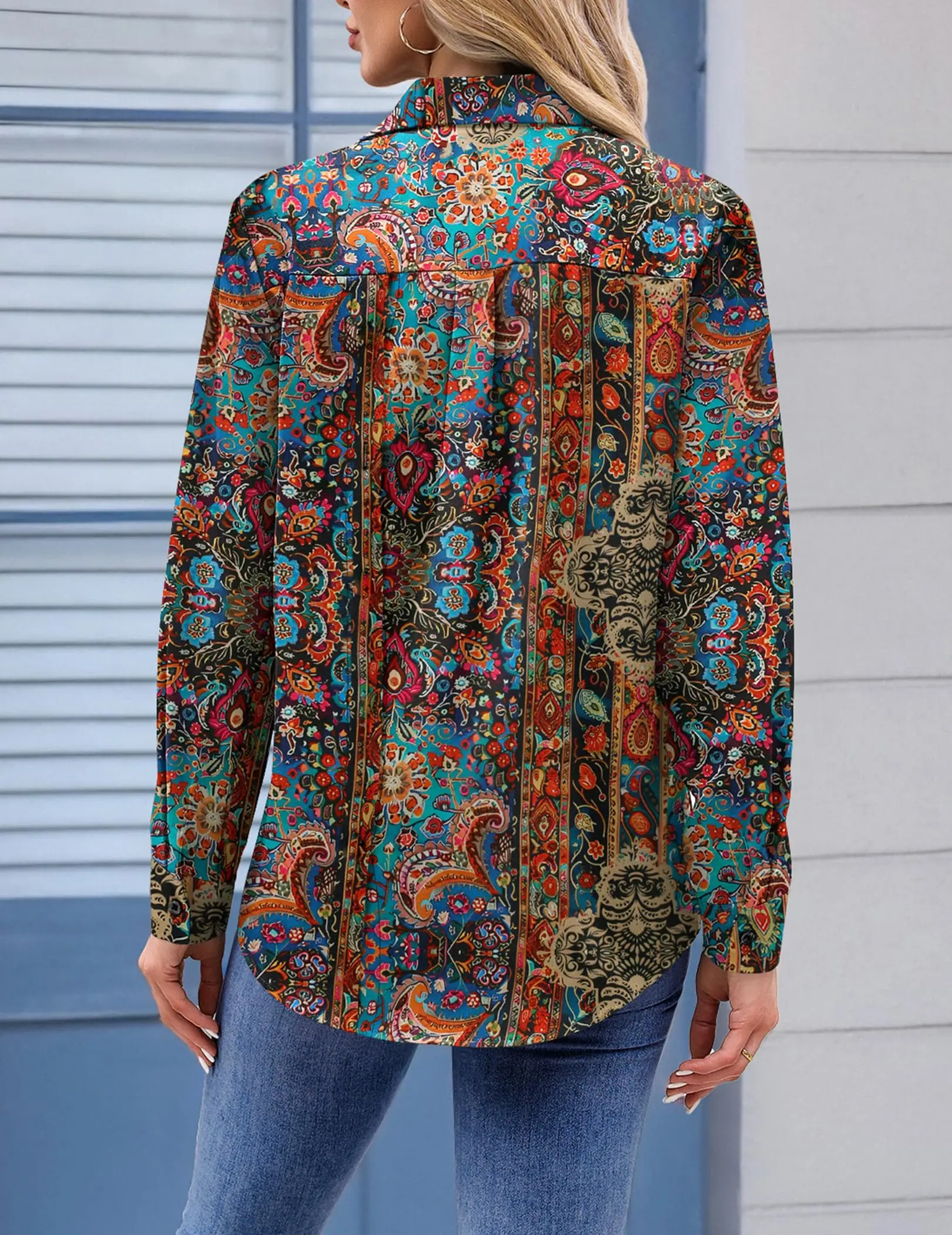 Women's Ethnic Flower Pattern Long Sleeve Shirt Business Work Elegant Casual With Pockets Summer Spring Clothing