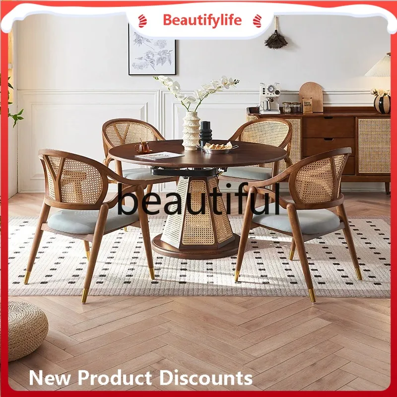 New Chinese style, rattan solid wood home dining room rotating foldable deformation, small apartment retractable dining table  H