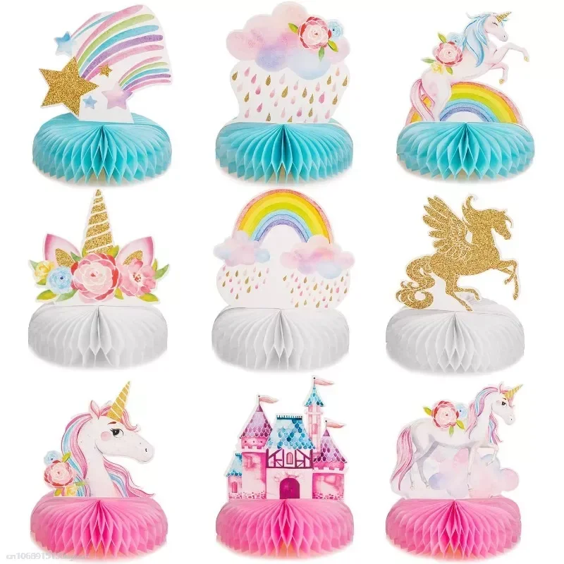 Unicorn Rainbow Honeycomb Balls Table Decorations Honeycomb Paper Fan Set Birthday Party Baby Shower Decor Desktop Supplies 9Pcs