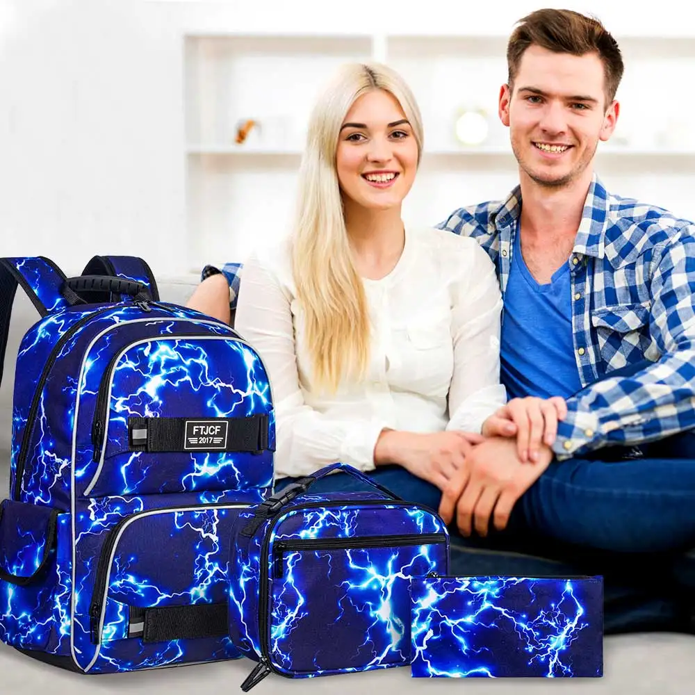 3PCS Lightning boys Backpack, 16 Inch School Laptop Bookbag Teen College Water Resistant Kids Backpacks with Lunch Box Set Blue