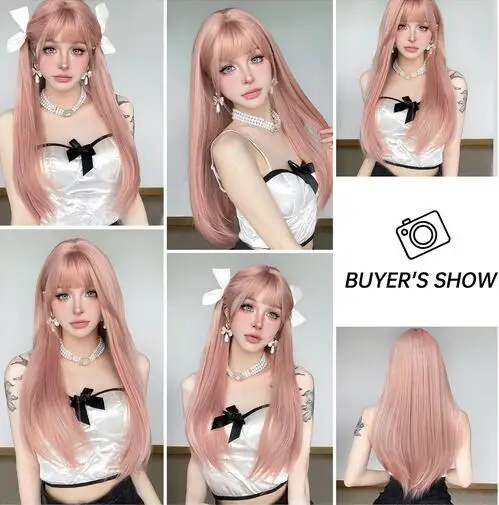 Rose pink wig female synthetic long hair natural air bangs long straight hair fashion jk suitable for female cosplay party