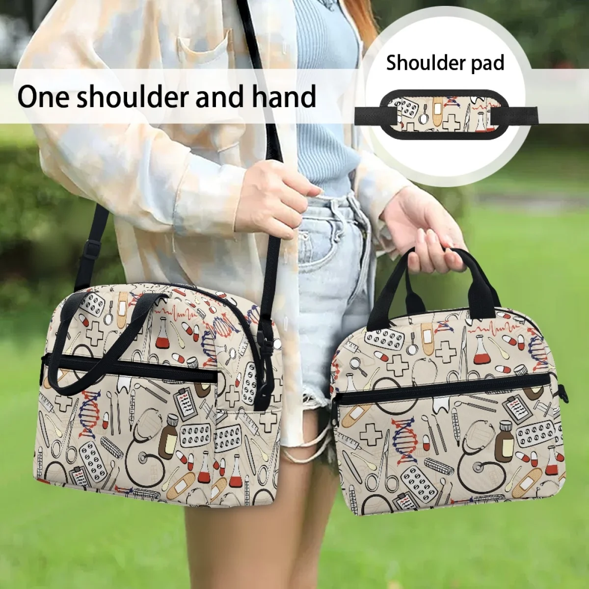 Fashion Doctors Orders Pattern Reusable Lunch Boxes for Women Leakproof Nursing Supplies Thermal Cooler Food Insulated LunchBag