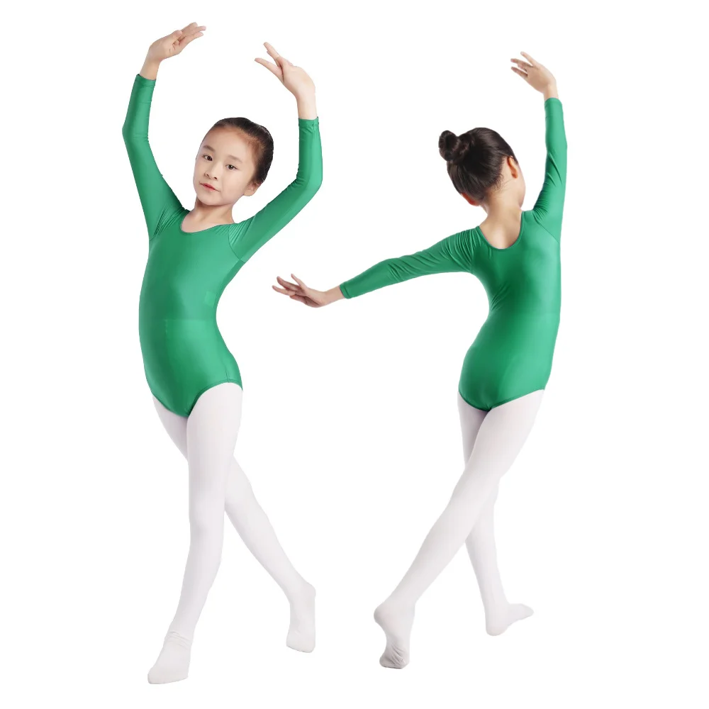 فستان رقص الباليه للأطفال البنات بأكمام طويلة ورقبة دائرية وأرجل عالية القطع أزياء الرقص الصلبة #3