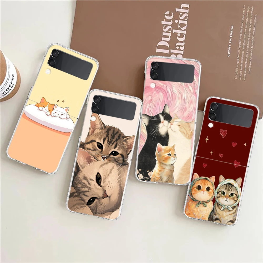 Phone Case For Samsung Galaxy Z Flip 3 4 5 6 7 8 Fold High Hard PC Shell For Galaxy Z Flip3 Clear Cover Cute Cat Couple