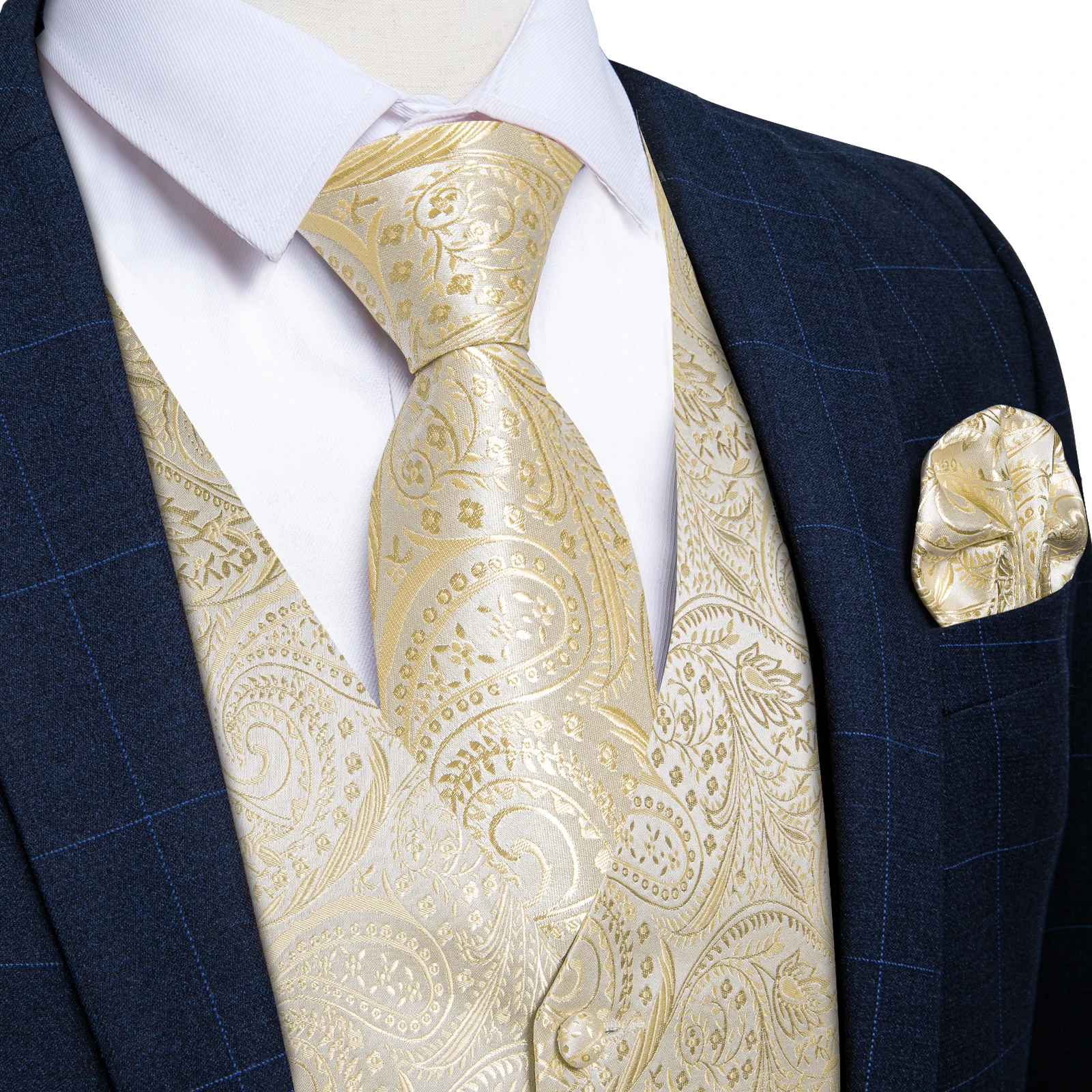 Waistcoat for Men Beige Solid Paisley Silk Suit Vest with 8cm Necktie Pocket Square Cufflinks Wedding Prom Tuxedo Sleeves Jacket