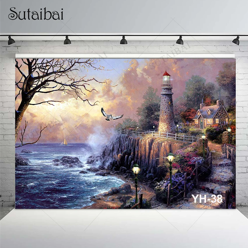 

Cliffside Castle Village Photography Background Oil Painting Master Handpainted Dreamy Scene Glitter Dots Decor Room Poster Prop