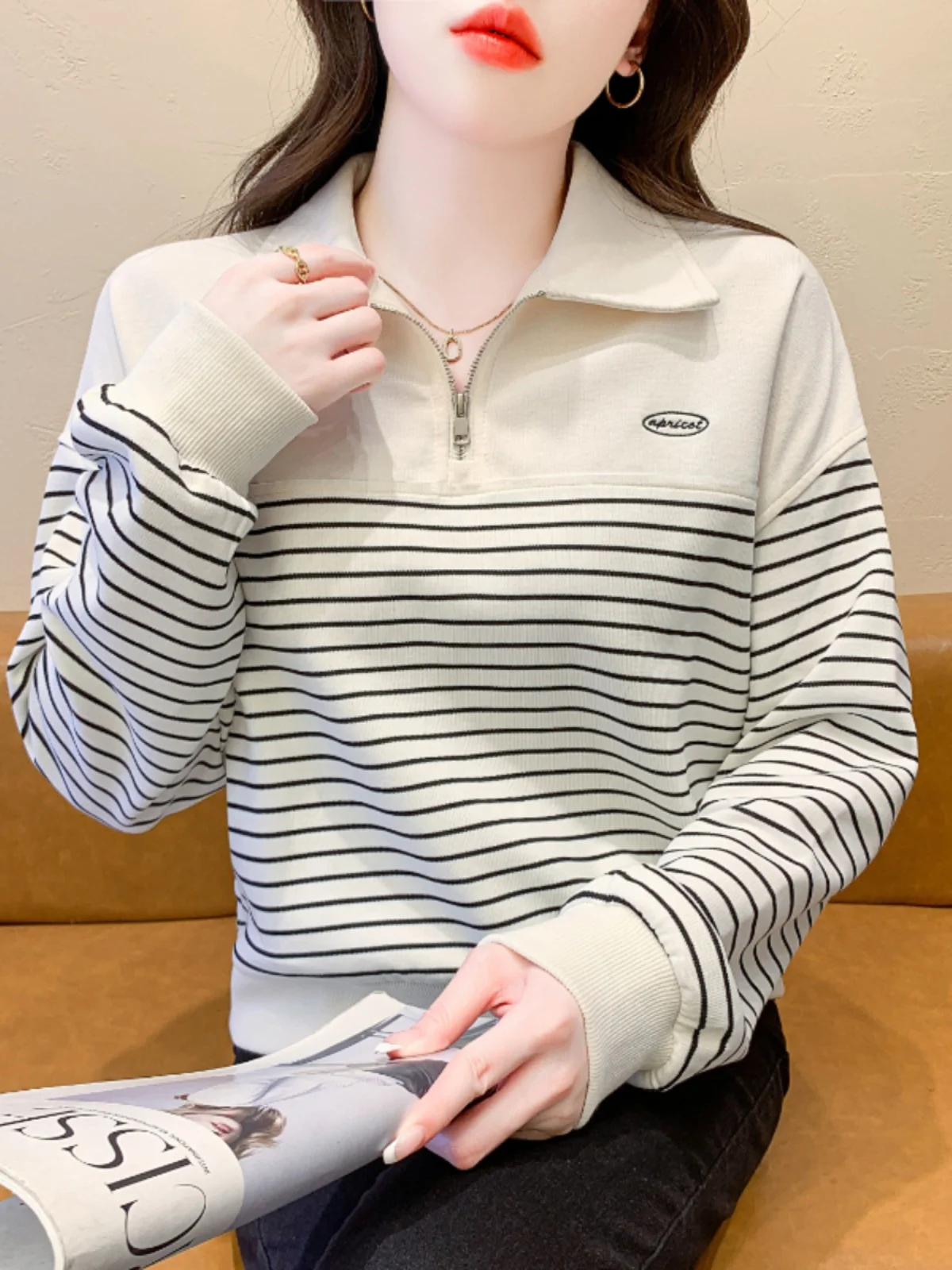 

Women's Collar Striped Sweatirt Loose Long Sve Casual Faionable Spring Autumn Outerwear Top Straight Tube pe
