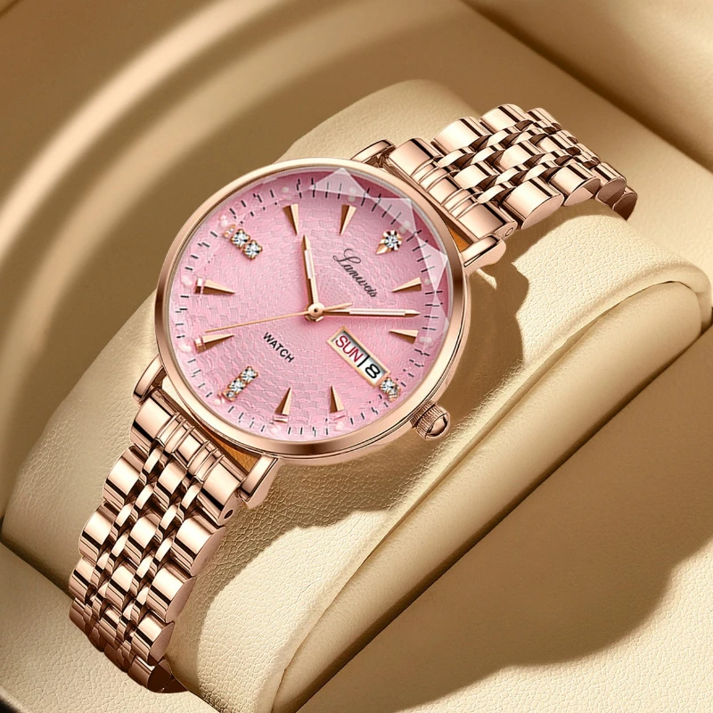 Ladies Watch, Butterfly Buckle Calendar Fashion Steel Strap Luminous Quartz Watch