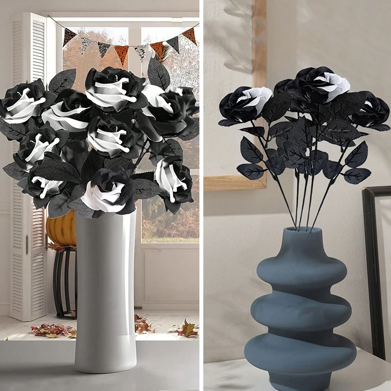 5/10PCS High Simulation Rose Black White Rose Artificial Silk Fake Flower Bouquet Plants Wedding Party Home Halloween Decor