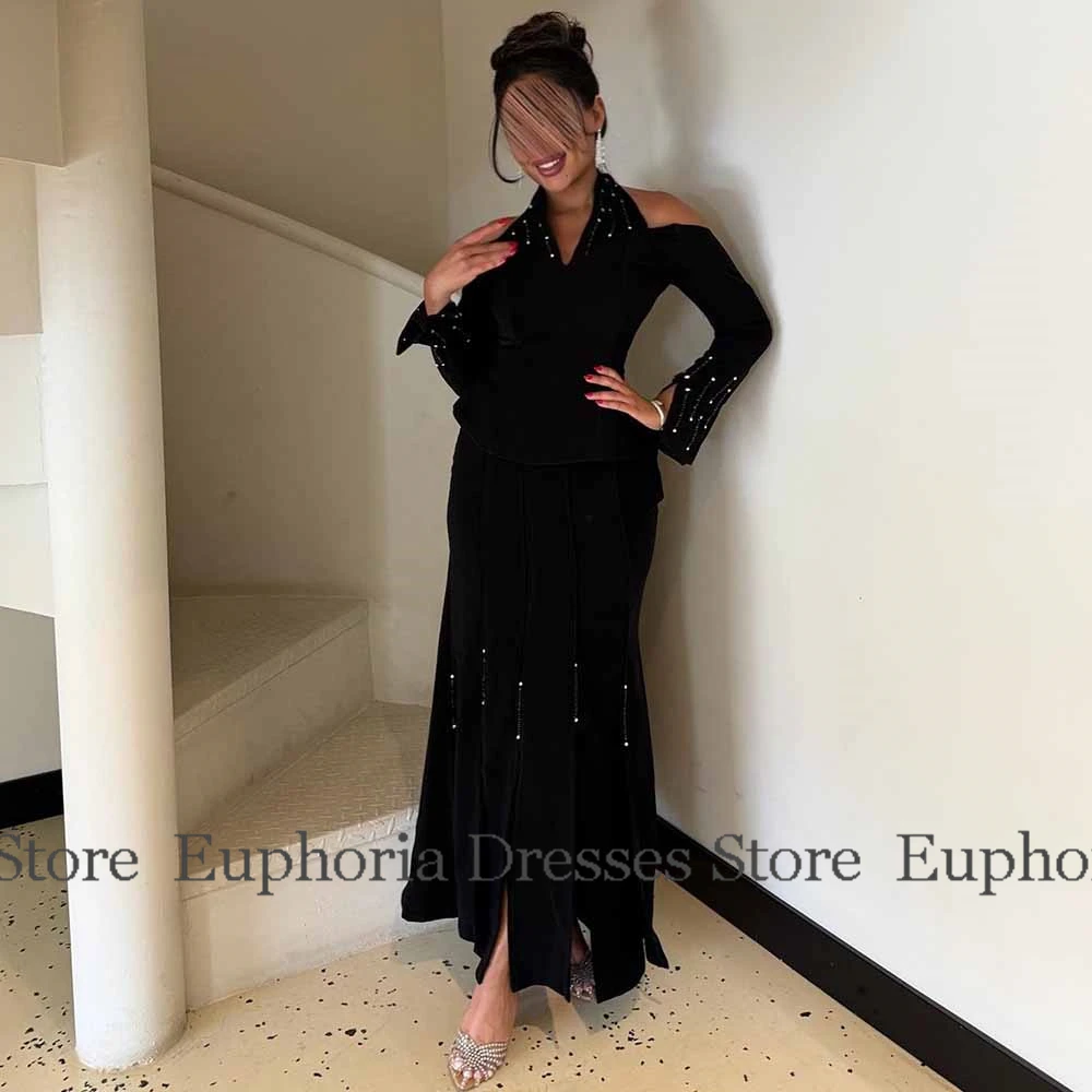 فساتين لحفلات الكوكتيل النسائية الرسمية 2025 جيرسي حورية البحر/البوق فستان عيد ميلاد أسود رسن لؤلؤ شرابة سبليت فستان حفلة موسيقية ميدي